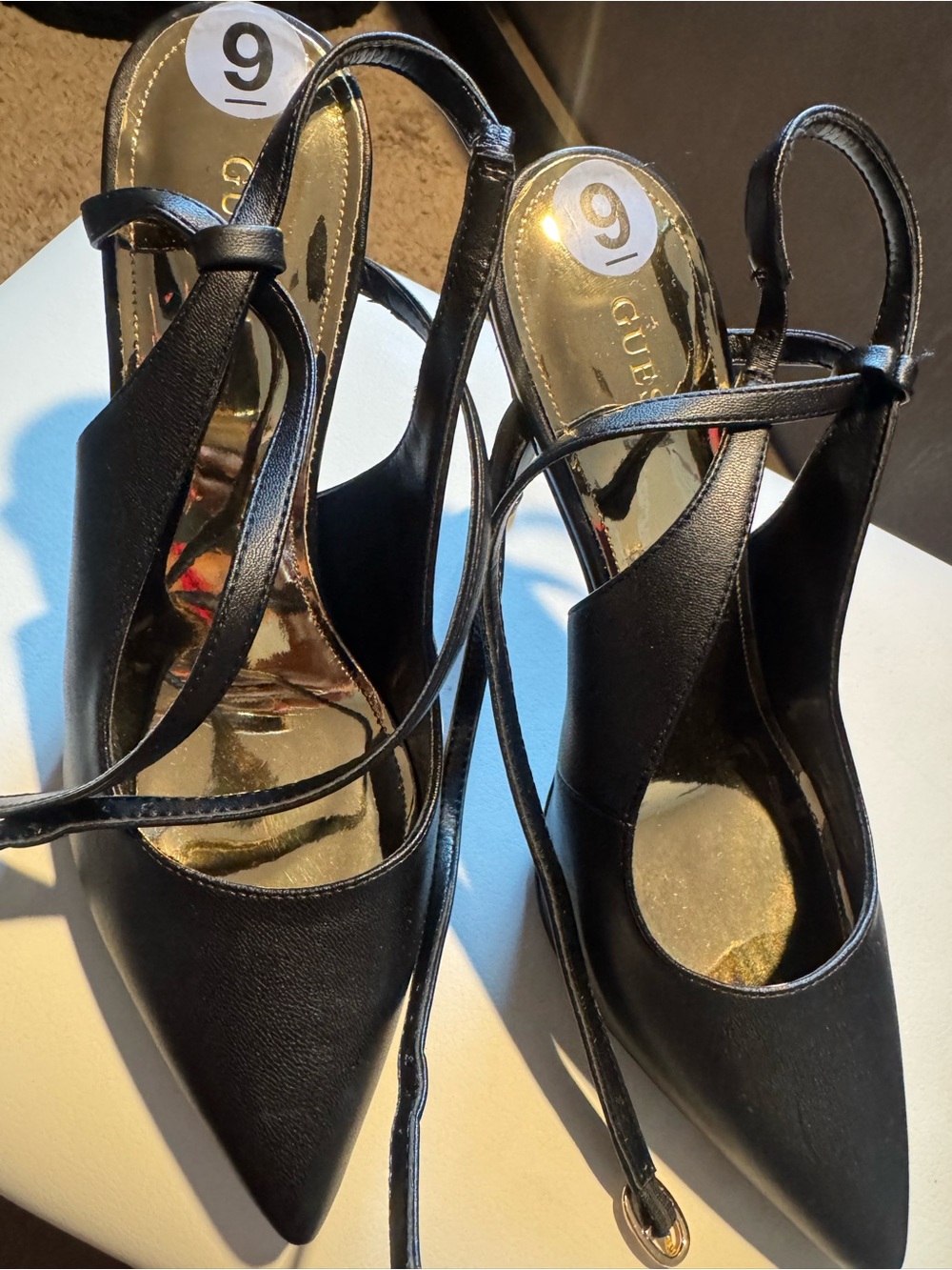 GUESS Black Pointed Toe Slingback Heels with Gold Insole